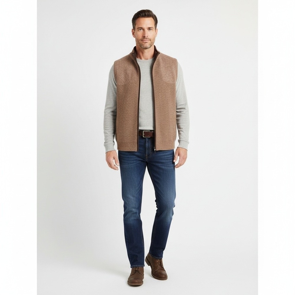L.L.Bean Merino Lambswool Zip Front Sweater Vest L-Reg Brown Rib Knit Outdoor